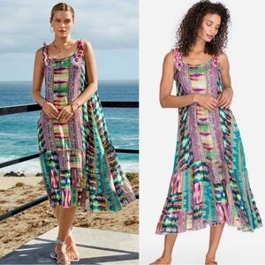 Johnny Was Printed Midi Rayon Dress Lined Betty Elodie Pockets Womens L Resort